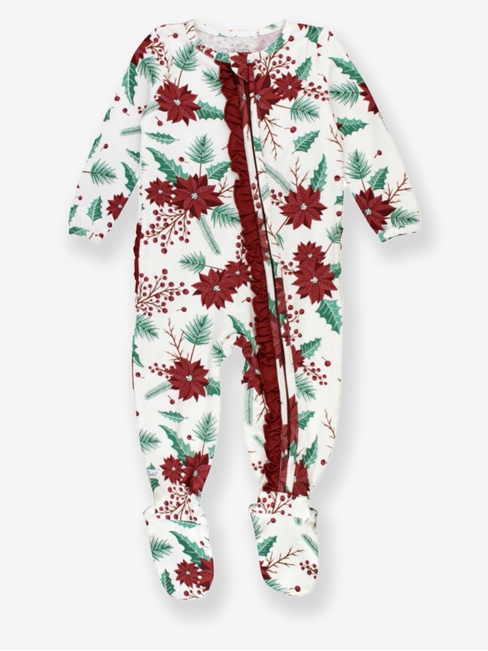 RuffleButts Poinsettia Floral Girls Floral Ruffle Footie Pajamas